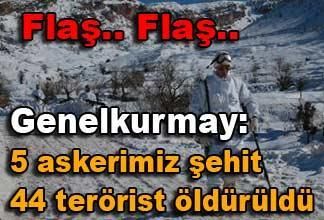 Genelkurmay: 5 askerimiz şehit 44 terörist öldürüldü