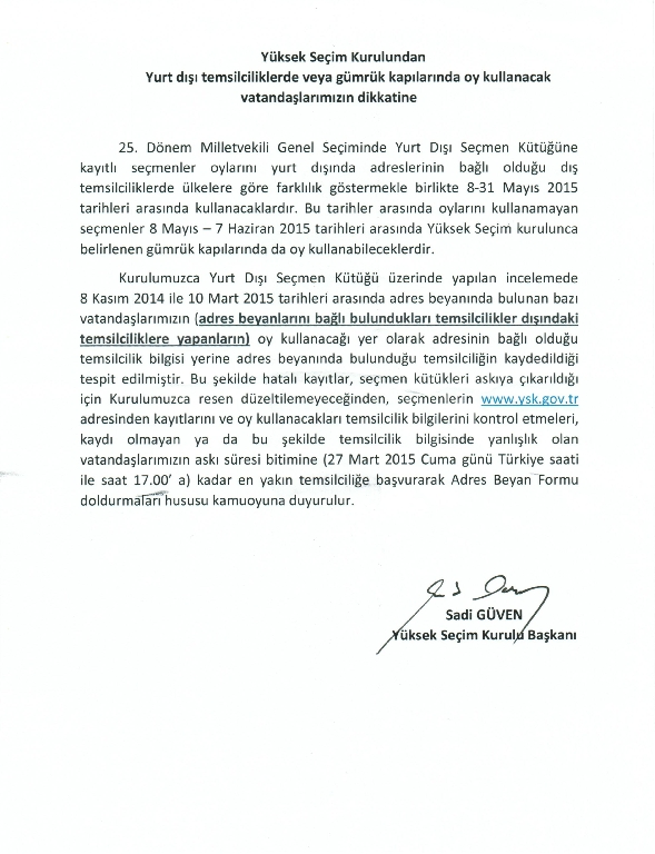 T.C. ANVERS VE BRÜKSEL BAŞKONSOLOSLUKLARININ 2015 MİLLETVEKİLİ GENEL SEÇİMİNE İLİŞKİN ORTAK DUYURUSU 