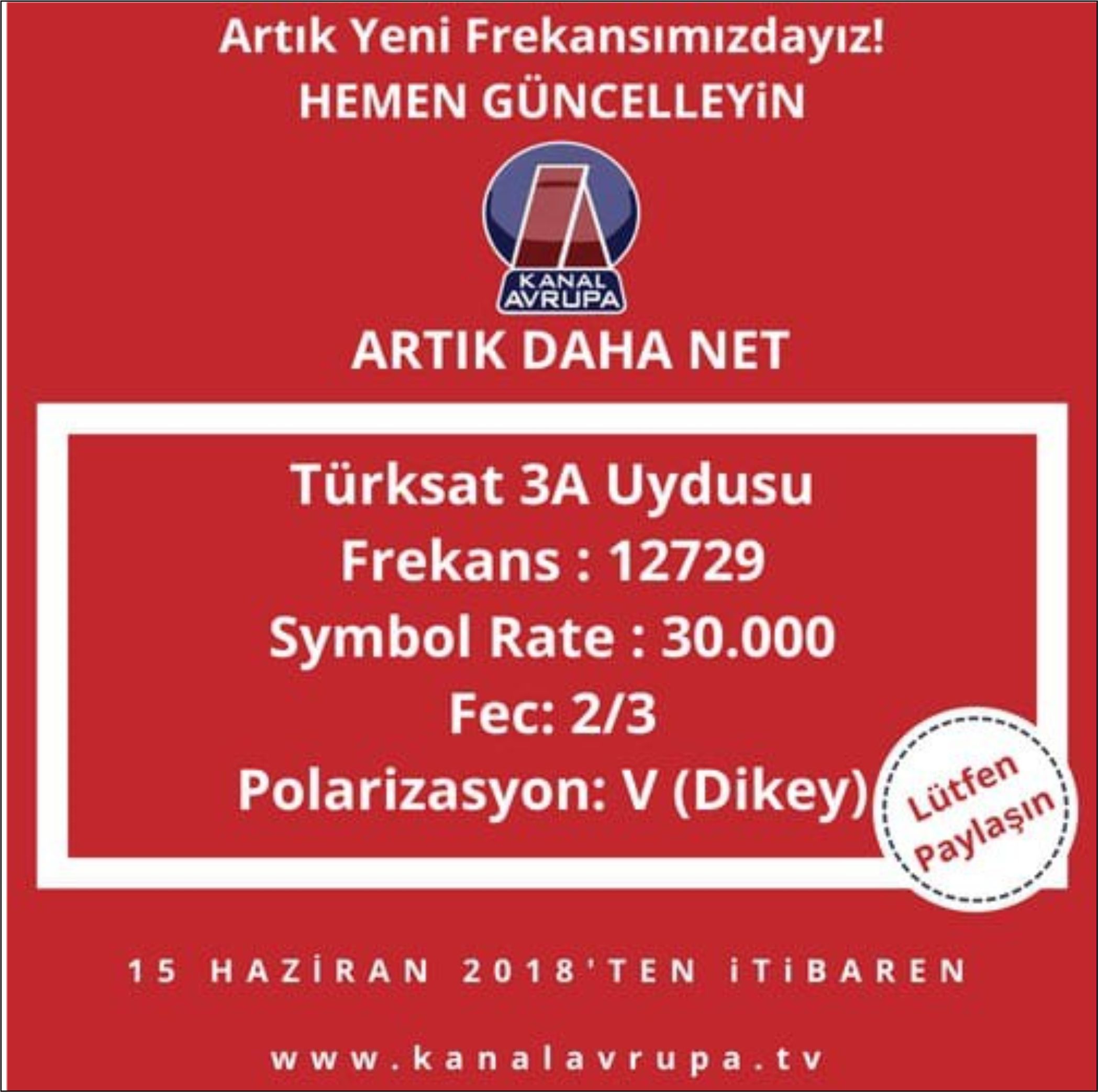 Kanal Avrupa Yeni Frekansında ! 