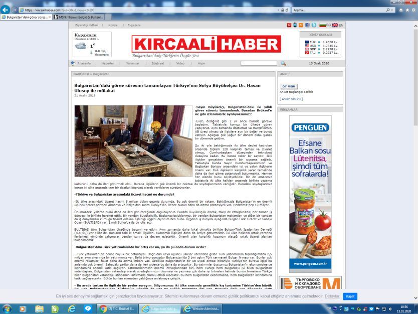 BRÜKSEL'İN YENİ BÜYÜKELÇİSİ HASAN ULUSOY SOFYA'DAN AYRILMADAN ÖNCE 'KIRCAALİ HABER'E DUYGULARINI İFADE ETTİ.