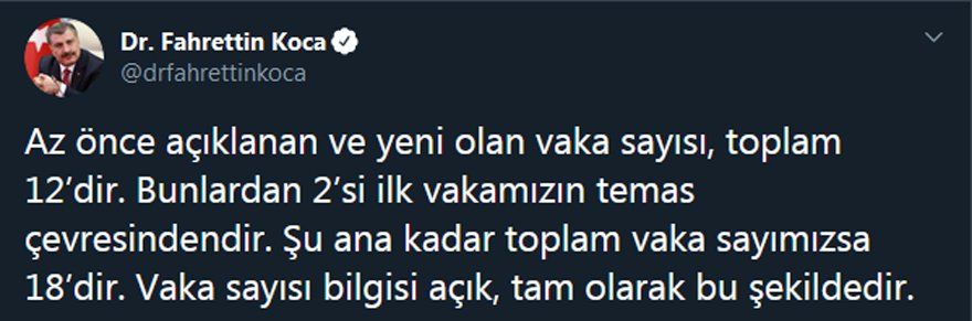 BAKAN AÇIKLADI ÜLKEMİZDE VAKA 18'E YÜKSELDİ
