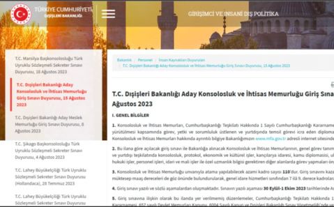 T.C. Dışişleri Bakanlığı Aday Konsolosluk ve İhtisas Memurluğu Giriş Sınavı Duyurusu, 15 Ağustos 2023