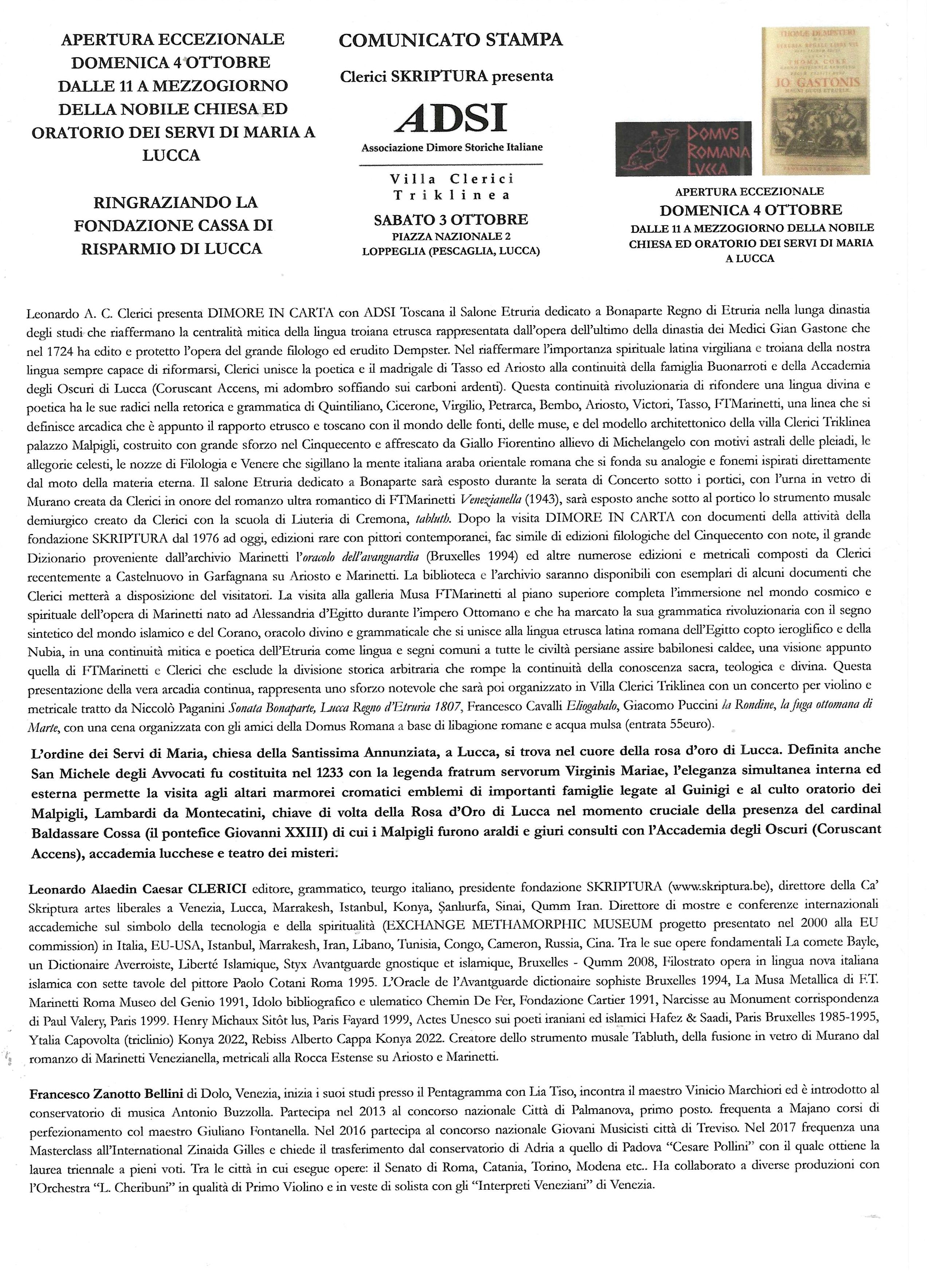SKRIPTURA Vakfı Başkanı  İtalyan Leonardo Alaedin Caesar Clerici’nin sunduğu ‘Lucca'daki Meryem'in Hizmetkarları Kilisesi ve Oratoryosu' Özel açılışı 4 Ekim Pazar gerçekleştirildi.